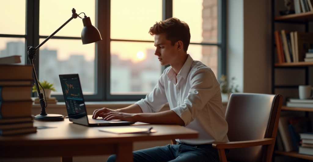 "A young adult sits at a wooden desk, surrounded by finance books and notes, focused on a cryptocurrency trading platform on their laptop in a cozy home office."