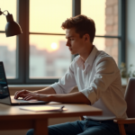 "A young adult sits at a wooden desk, surrounded by finance books and notes, focused on a cryptocurrency trading platform on their laptop in a cozy home office."