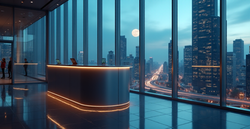 "High-tech cryptocurrency exchange terminal in a futuristic trading floor setting, reflecting crypto adoption trends 2025."