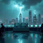 "A cryptocurrency exchange floor scene featuring a sleek trading terminal amidst high-tech screens and blurred cityscape with stormy sky."