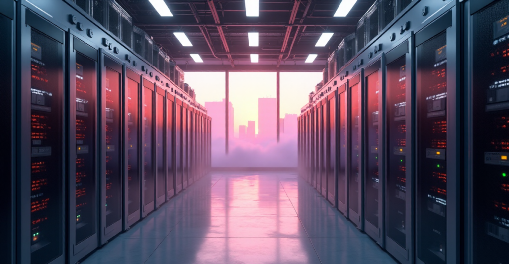 "A futuristic data center with cryptocurrency mining rigs and high-performance servers set against a misty cityscape at dawn, illuminated by warm sunlight."