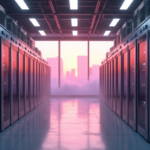 "A futuristic data center with cryptocurrency mining rigs and high-performance servers set against a misty cityscape at dawn, illuminated by warm sunlight."