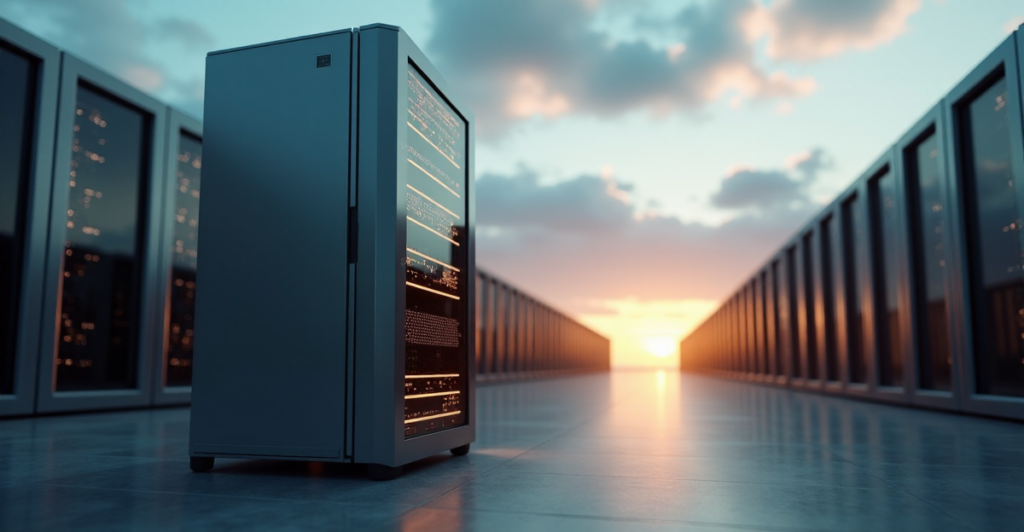 "A sleek silver server in a modern data center, surrounded by humming servers, with warm golden light emanating from LED lights, symbolizing blockchain innovation and limitless crypto adoption trends 2025 potential."