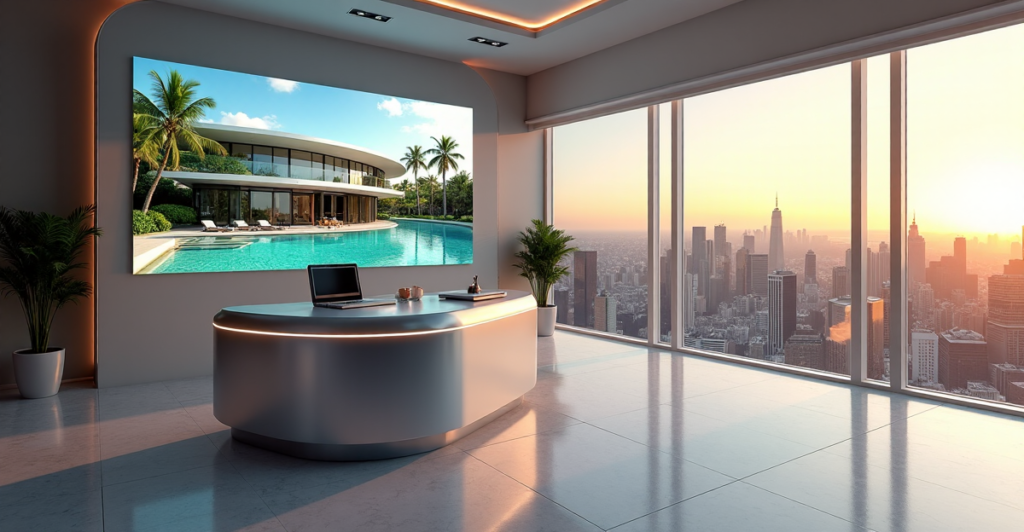 "A futuristic real estate office with a sleek cryptocurrency trading terminal at its center, featuring a 3D virtual property model of a luxurious mansion."