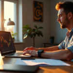 "Mastering Cryptocurrency Fundamentals: A Beginner's Guide to Navigating a Changing World" A young adult sits at a desk, intensely focused on a cryptocurrency trading platform, surrounded by financial resources in a modern home office with natural light and cityscape prints.