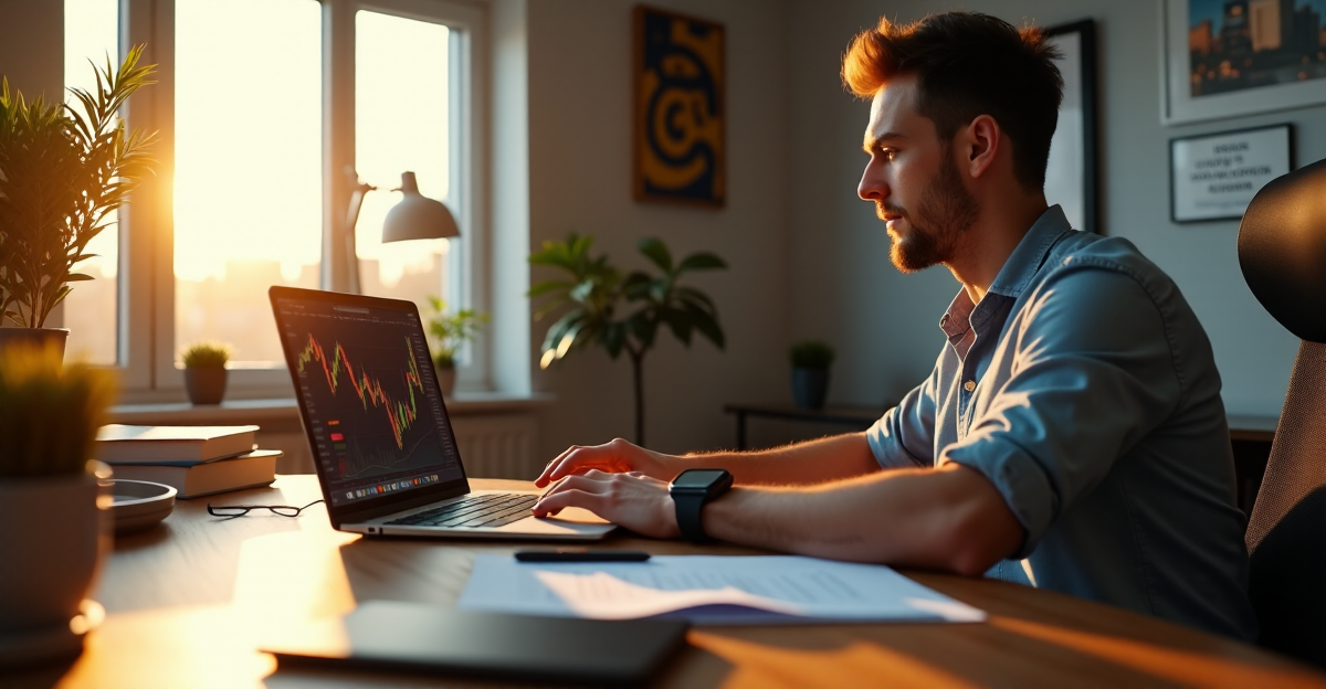 A young adult sits at a desk, intensely focused on a cryptocurrency trading platform, surrounded by financial resources in a modern home office with natural light and cityscape prints.