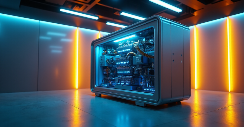 "A futuristic laboratory setting featuring a large cryptocurrency mining rig with polished aluminum components and soft glow, surrounded by warm golden light and subtle blue hues."