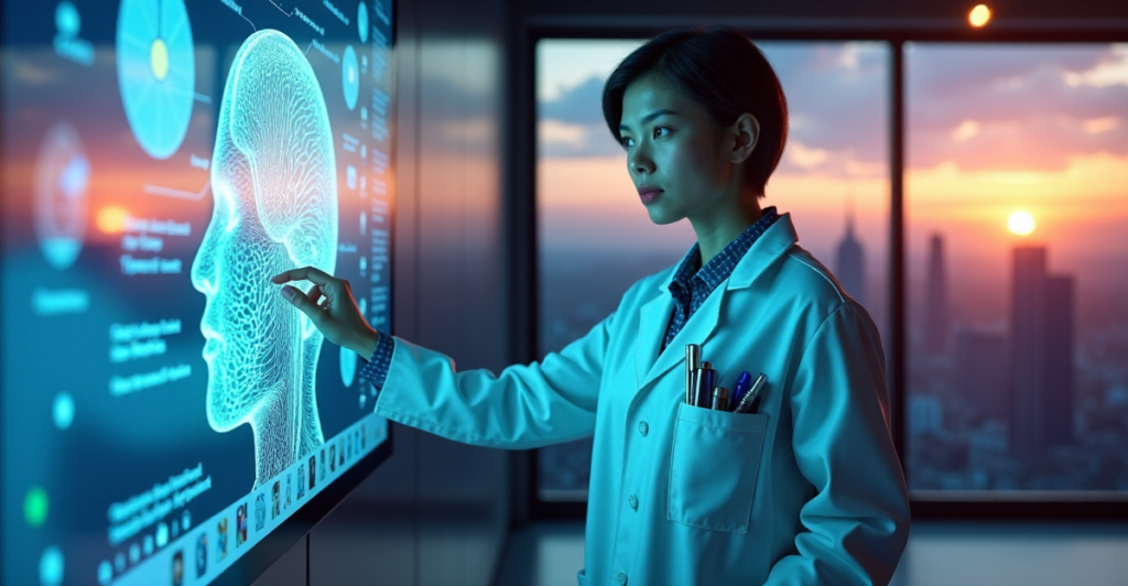 "A young woman in a white lab coat stands confidently beside a high-resolution touchscreen display projecting a 3D model of the human brain, set against a cityscape at sunset."