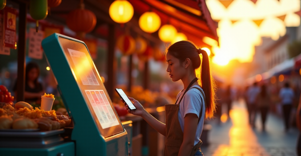 "A vibrant outdoor market scene at sunset featuring a food vendor using cryptocurrency to process a transaction with a customer."