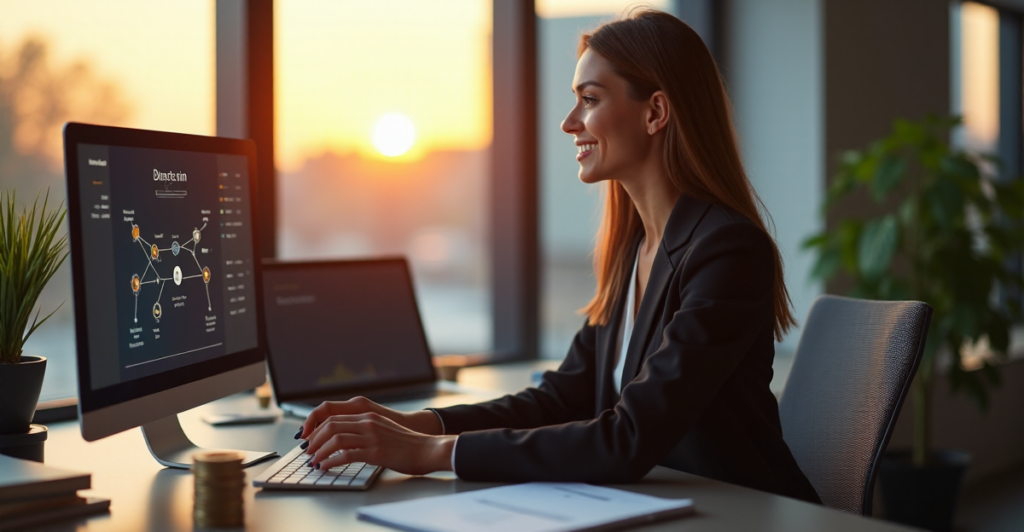 "A young woman sits confidently at a modern desk, focused on a blockchain network diagram displayed on her computer screen, surrounded by cryptocurrency-related objects in a contemporary office space."