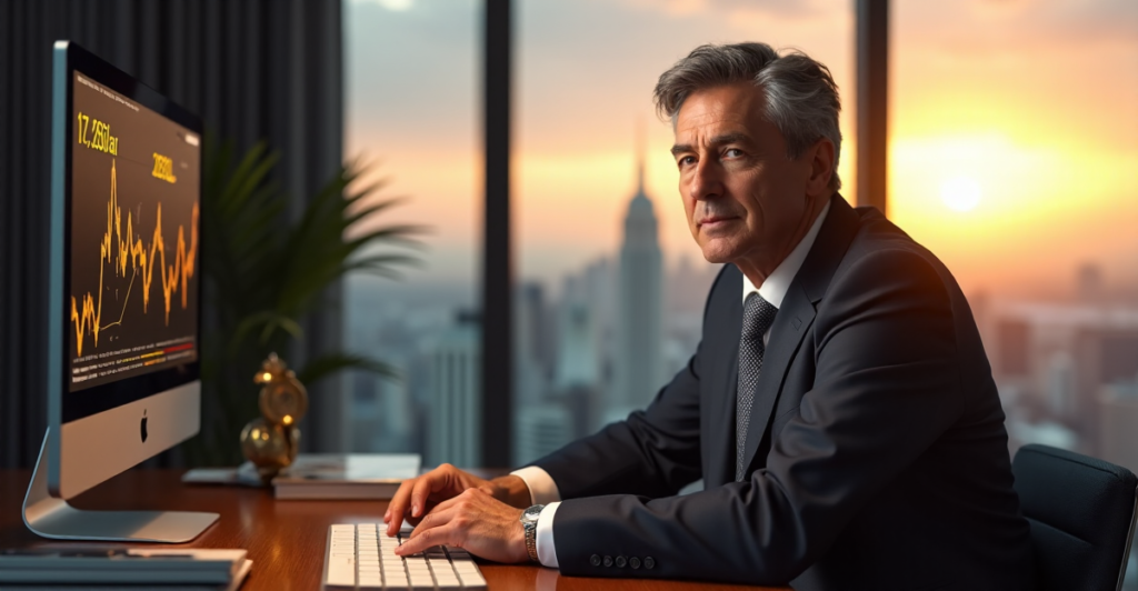 "A middle-aged investor sits confidently in front of a wooden desk with cryptocurrency-related artifacts, intently viewing fluctuating prices on a large screen."