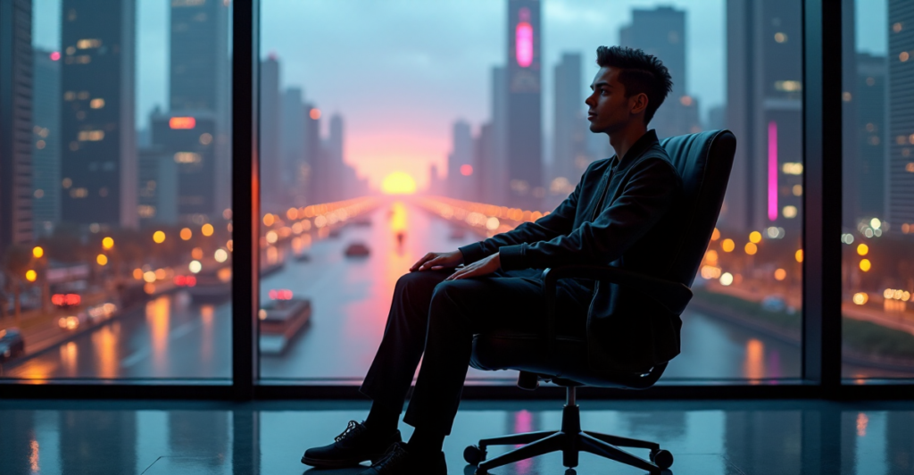 A young adult sits confidently in a high-tech chair, gazing out at a futuristic cityscape with determination, hands on armrests, amidst warm LED lighting and golden sunset hues.