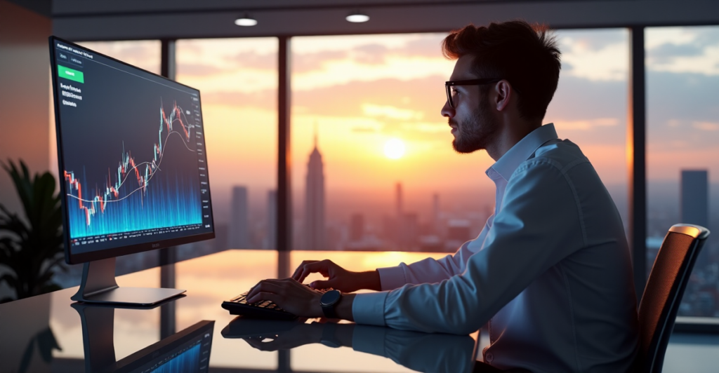"A young professional sits intently in front of a cryptocurrency trading terminal, surrounded by a modern office space with floor-to-ceiling windows showcasing a cityscape at sunset."