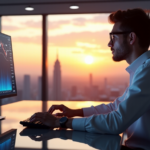 "A young professional sits intently in front of a cryptocurrency trading terminal, surrounded by a modern office space with floor-to-ceiling windows showcasing a cityscape at sunset."
