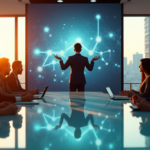 "A group of diverse business professionals collaborate around a digital screen displaying blockchain network diagrams and cryptocurrency transaction confirmations in a modern office setting."