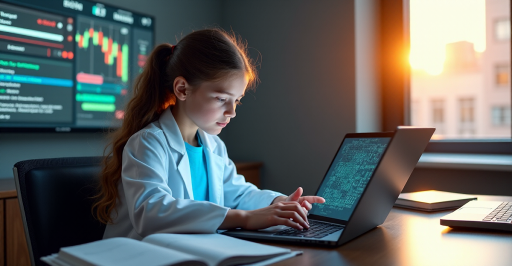 "A young girl explores blockchain technology and cryptocurrency in a futuristic learning environment, surrounded by screens and educational resources."