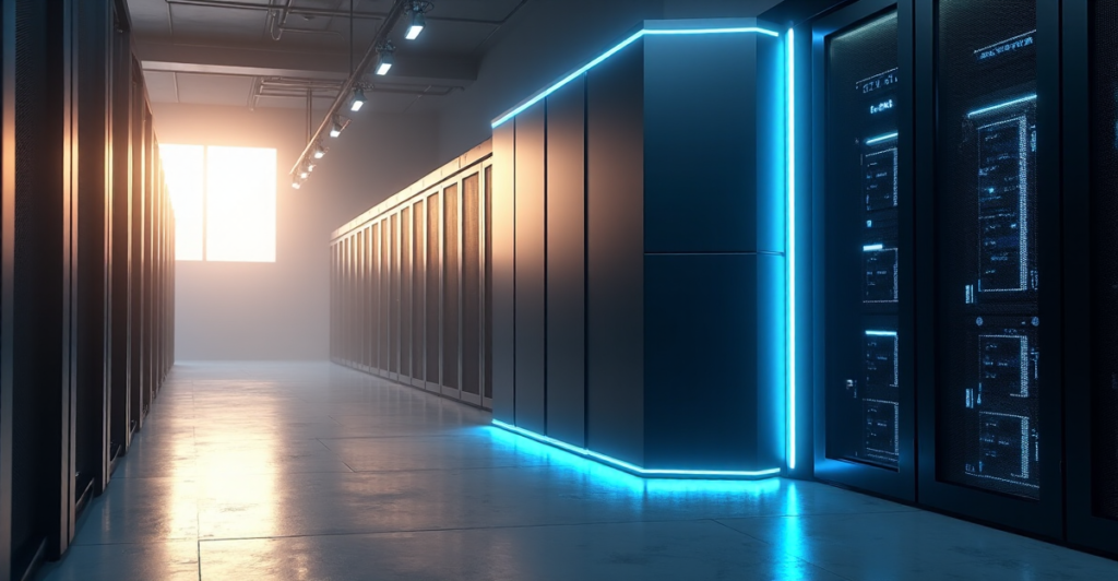 "A futuristic data center with a central blockchain server emitting soft blue light, surrounded by rows of humming servers in metallic tones, illuminated by warm golden light from a narrow window."