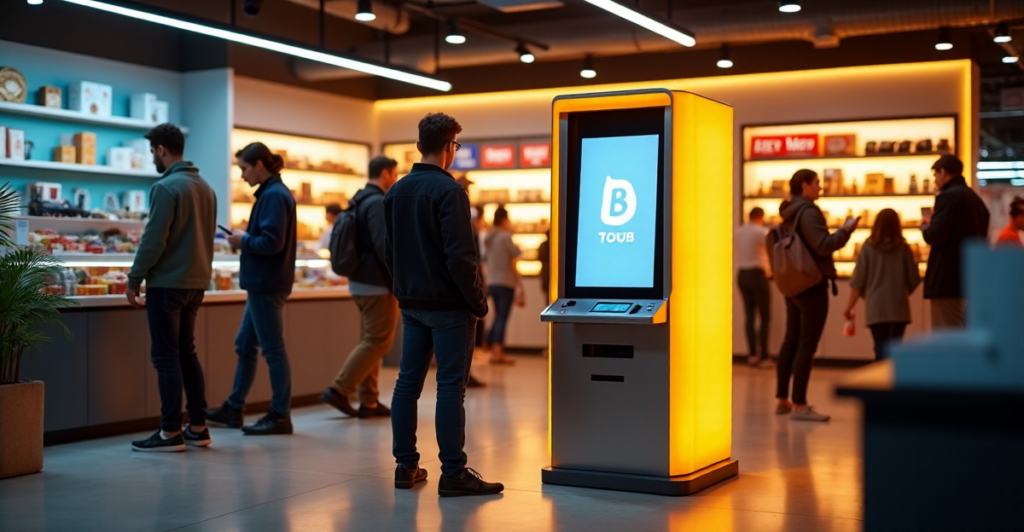 "A bustling retail store with a modern crypto ATM at its center, surrounded by shoppers browsing products and using mobile devices amidst warm golden hour lighting."