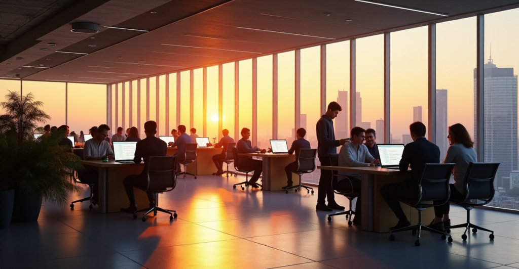 "Image of a modern office space showcasing diverse individuals collaborating on crypto projects amidst cityscape at sunset."