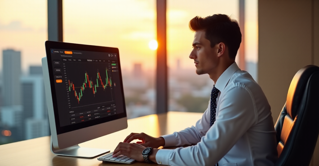 "A young adult in business attire sits confidently at a desk, focused on a cryptocurrency exchange platform, conveying determination and calculated risk-taking."