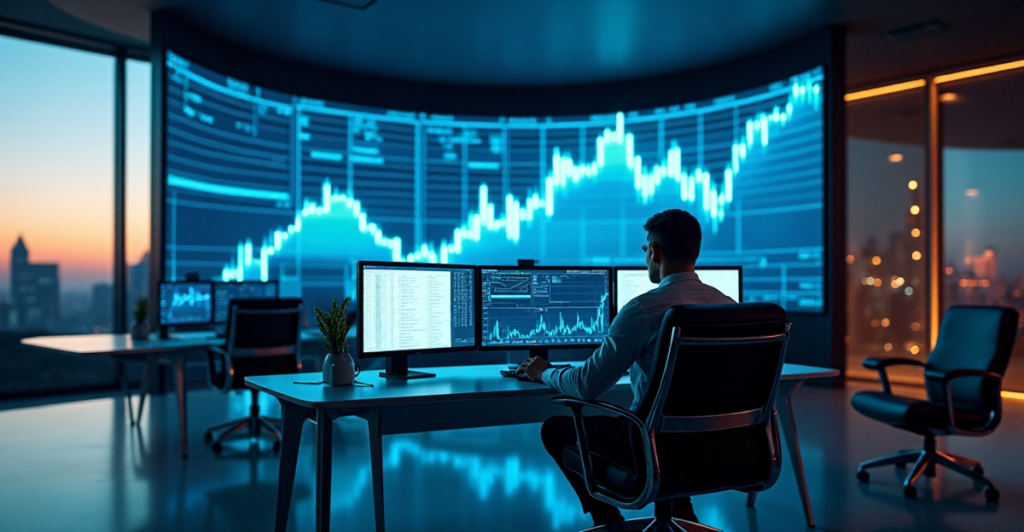 "A high-tech trading floor scene with a focused investor analyzing market trends on multiple screens amidst a modern cityscape at dusk."