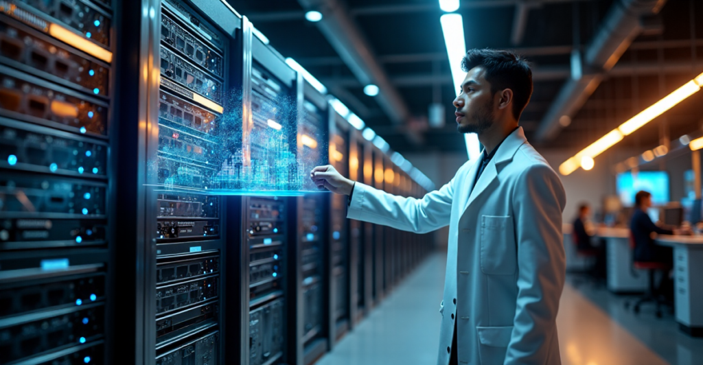 A futuristic laboratory scene featuring a young scientist studying cryptocurrency data on a holographic display amidst rows of humming servers and equipment.