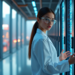 A young female scientist stands confidently beside a server rack in a futuristic laboratory surrounded by cryptocurrency mining equipment and computer servers.