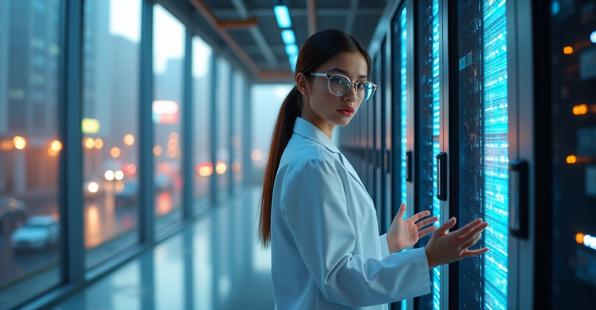 A young female scientist stands confidently beside a server rack in a futuristic laboratory surrounded by cryptocurrency mining equipment and computer servers.