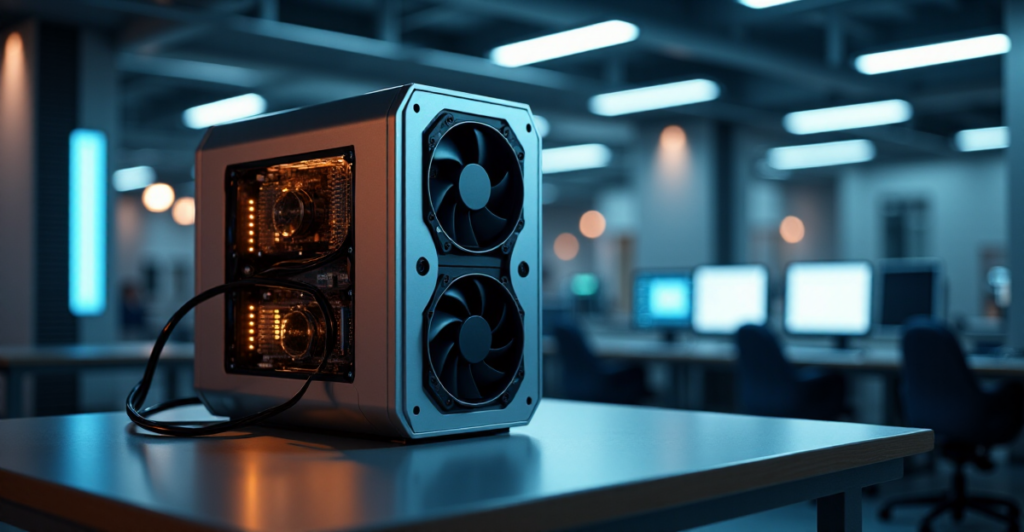 A photorealistic image of a sleek cryptocurrency mining rig in a high-tech laboratory environment with intricate details and dynamic lighting effects.
