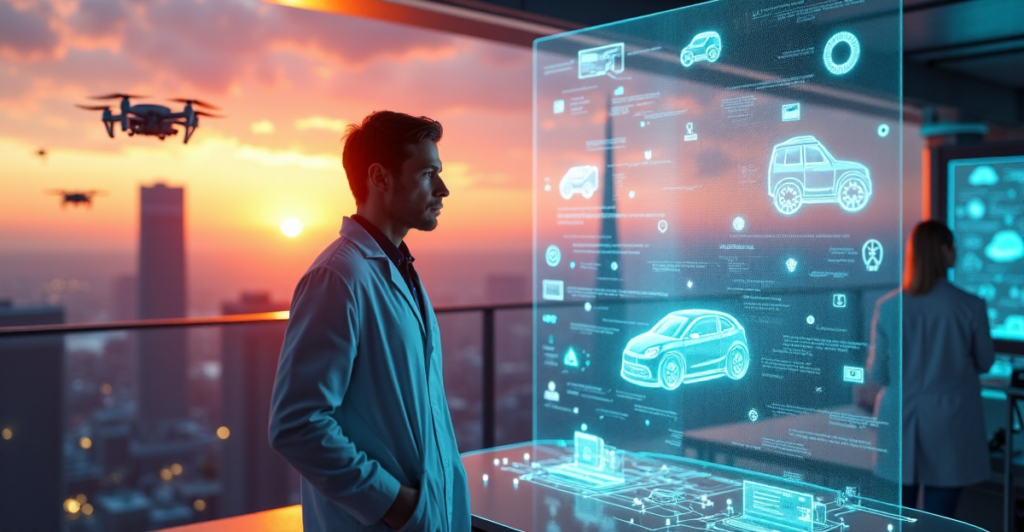 A futuristic laboratory scene featuring a scientist beside a holographic display projecting quantum computers, self-driving cars, AI systems, and a cityscape at sunset with flying drones, emphasizing innovation and discovery in emerging technologies like cryptocurrency.