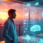 "The Future of Science & Tech: Emerging Trends Redefining Global Innovation" A futuristic laboratory scene featuring a scientist beside a holographic display projecting quantum computers, self-driving cars, AI systems, and a cityscape at sunset with flying drones, emphasizing innovation and discovery in emerging technologies like cryptocurrency.