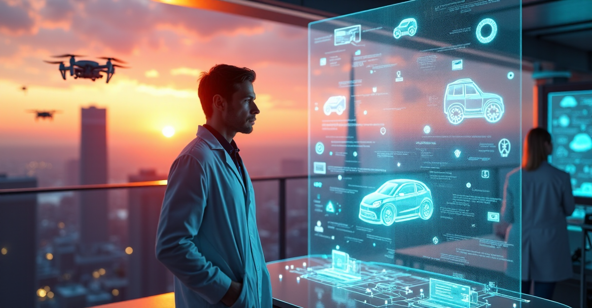 A futuristic laboratory scene featuring a scientist beside a holographic display projecting quantum computers, self-driving cars, AI systems, and a cityscape at sunset with flying drones, emphasizing innovation and discovery in emerging technologies like cryptocurrency.