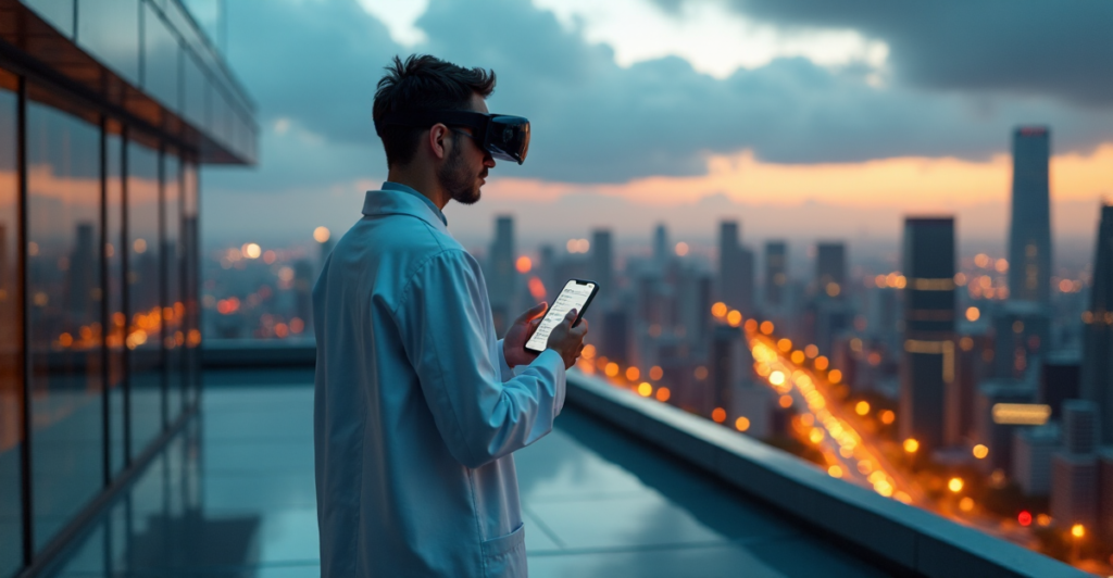 A futuristic scientist stands on a rooftop, gazing out at a cityscape through AR goggles, smartphone in hand, amidst cutting-edge research facility architecture, evoking quiet determination and intellectual curiosity amidst emerging tech trends, including cryptocurrency innovations.