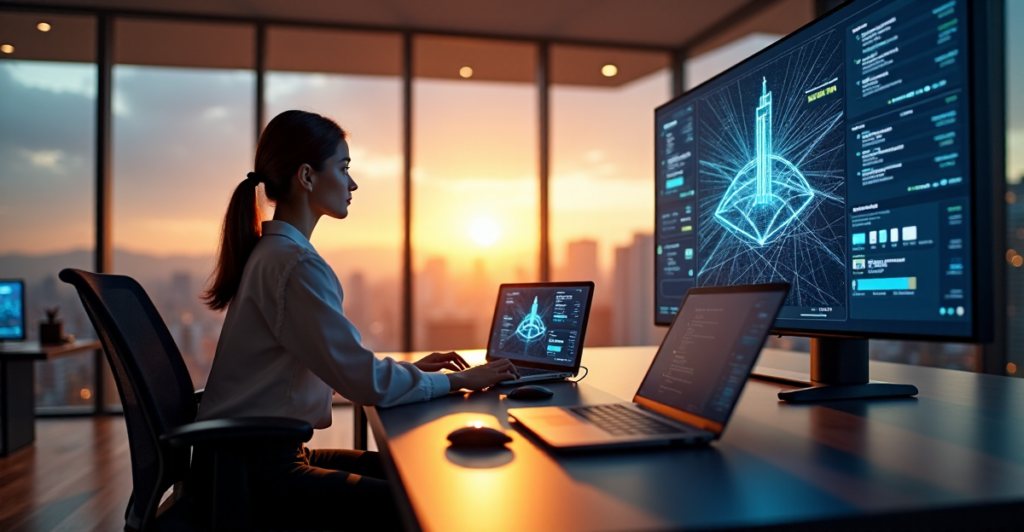 "A young professional woman sits at a desk in a modern office space, focused on cryptocurrency data displayed on a digital screen, surrounded by state-of-the-art technology equipment."