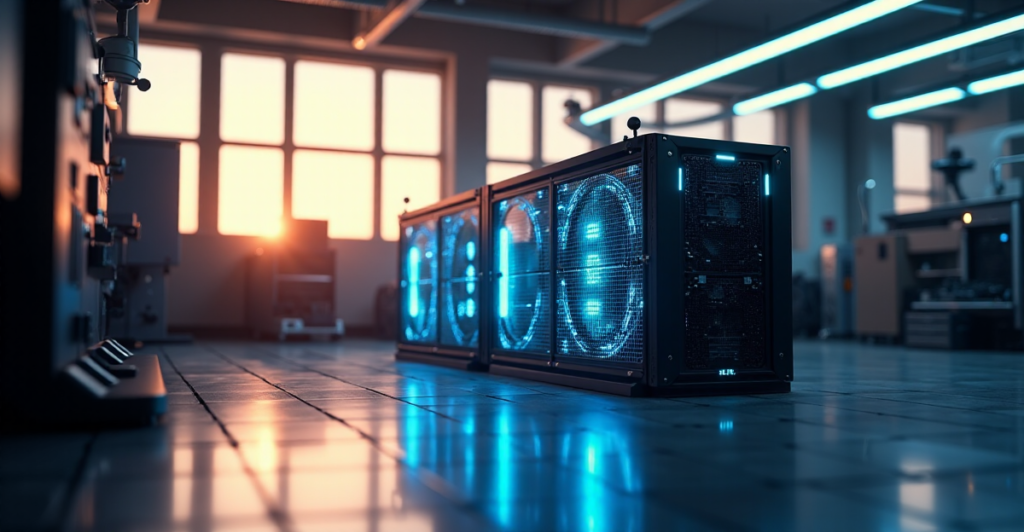 "A futuristic laboratory scene featuring a high-tech cryptocurrency mining rig at dusk, surrounded by metallic equipment and warm golden light."