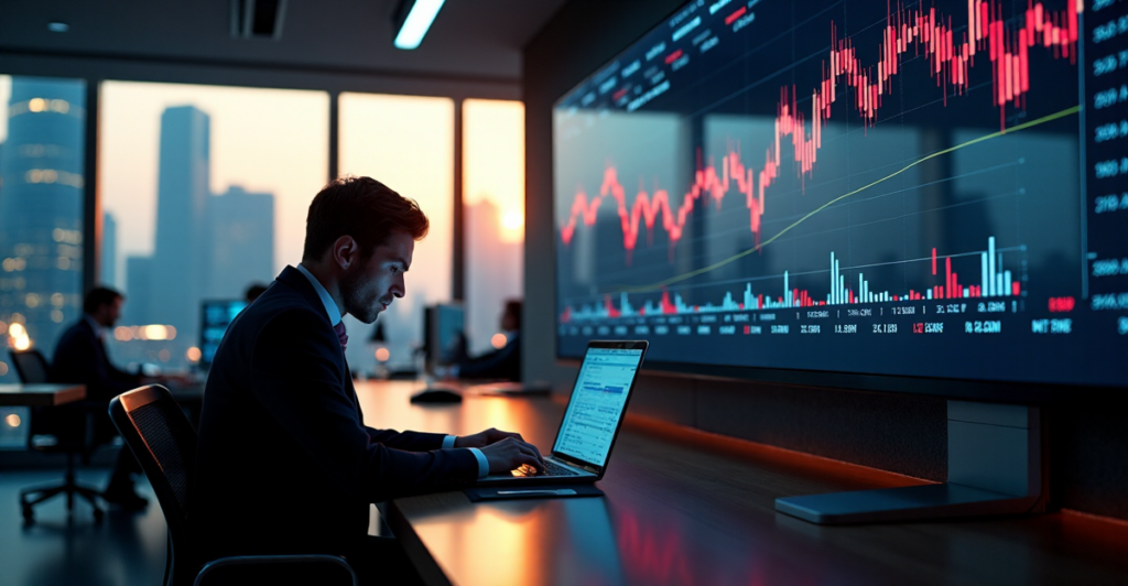 "A dimly lit trading floor with a cryptocurrency price chart on a large screen, a focused trader analyzing market trends on their laptop."