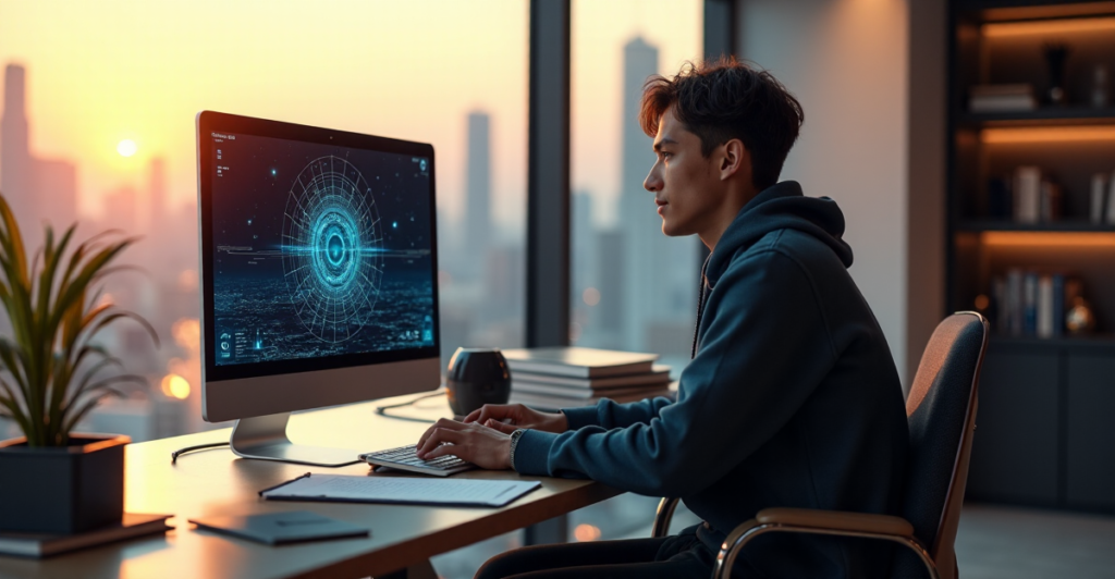 "A young adult studies cryptocurrency blockchain networks at a minimalist desk amidst a cityscape, surrounded by educational resources."