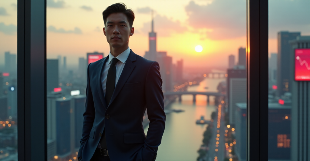"A young professional stands confidently on a trading floor amidst a bustling financial district at dusk, navigating cryptocurrency market dynamics with poise."