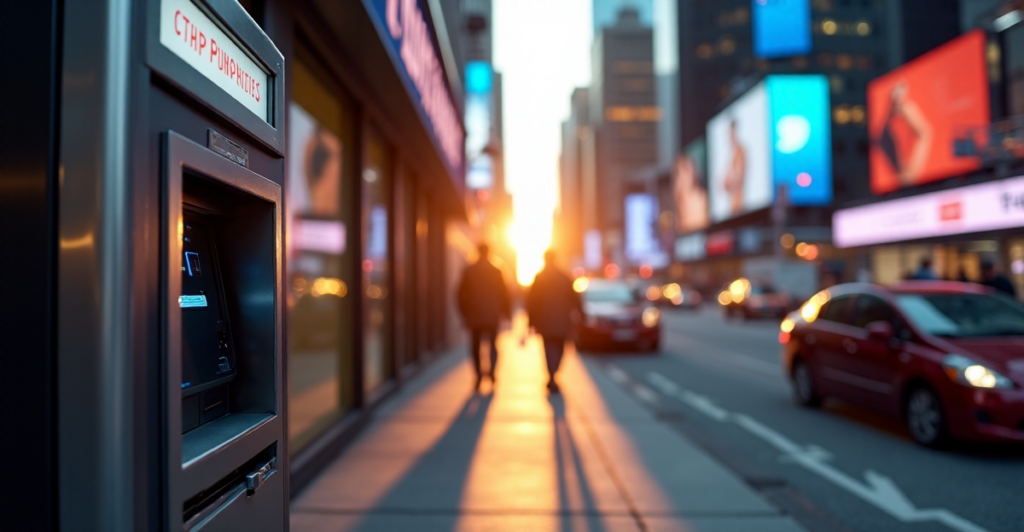 "A sleek silver cryptocurrency ATM situated on a bustling city street, surrounded by skyscrapers and neon-lit billboards."