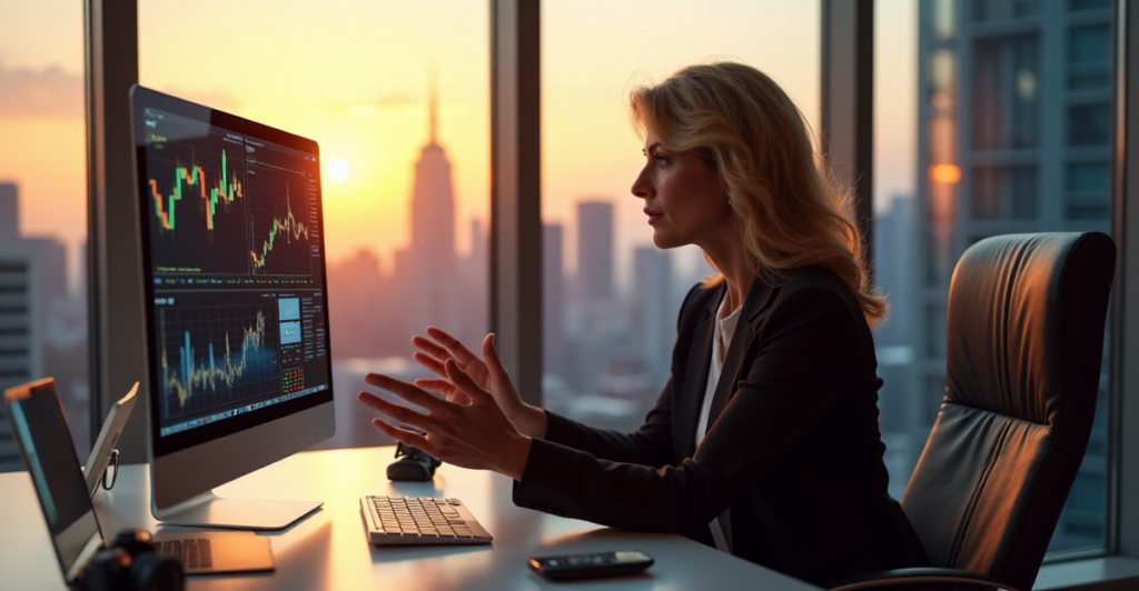 "A confident business leader sits at a modern desk in a high-tech office, surrounded by digital screens displaying cryptocurrency charts and financial data."