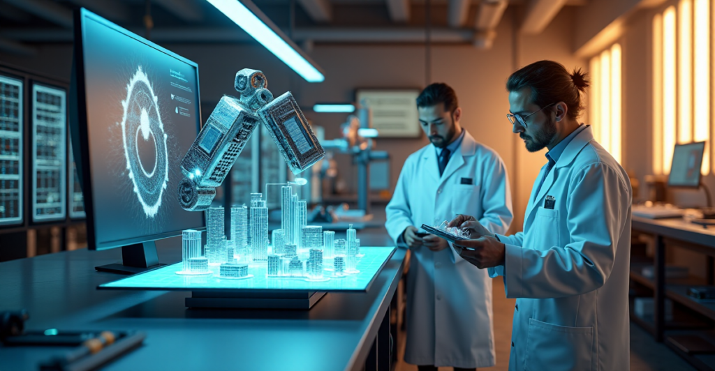 "Three scientists in a futuristic laboratory surrounded by AI technology, working on cutting-edge projects including cryptocurrency-related innovations."