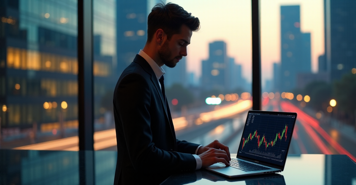 A young entrepreneur stands confidently in front of a cityscape at dusk, intensely focused on a laptop displaying crypto adoption trends 2025 data, with warm golden hour lighting casting a gentle glow on their face.