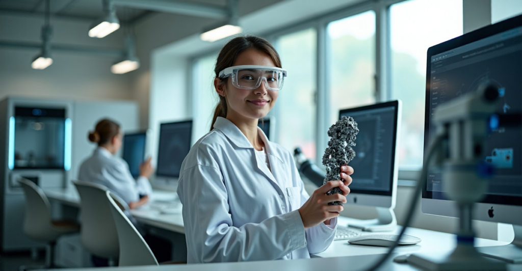 "A young scientist stands confidently in a futuristic laboratory, surrounded by cutting-edge equipment, holding a robotic arm with a subtle smile."