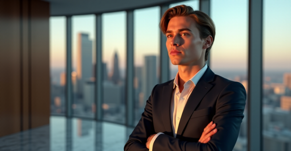 "A young professional stands confidently in front of a city skyline at dusk, navigating cryptocurrency market dynamics with focus and determination."