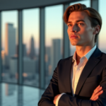"A young professional stands confidently in front of a city skyline at dusk, navigating cryptocurrency market dynamics with focus and determination."