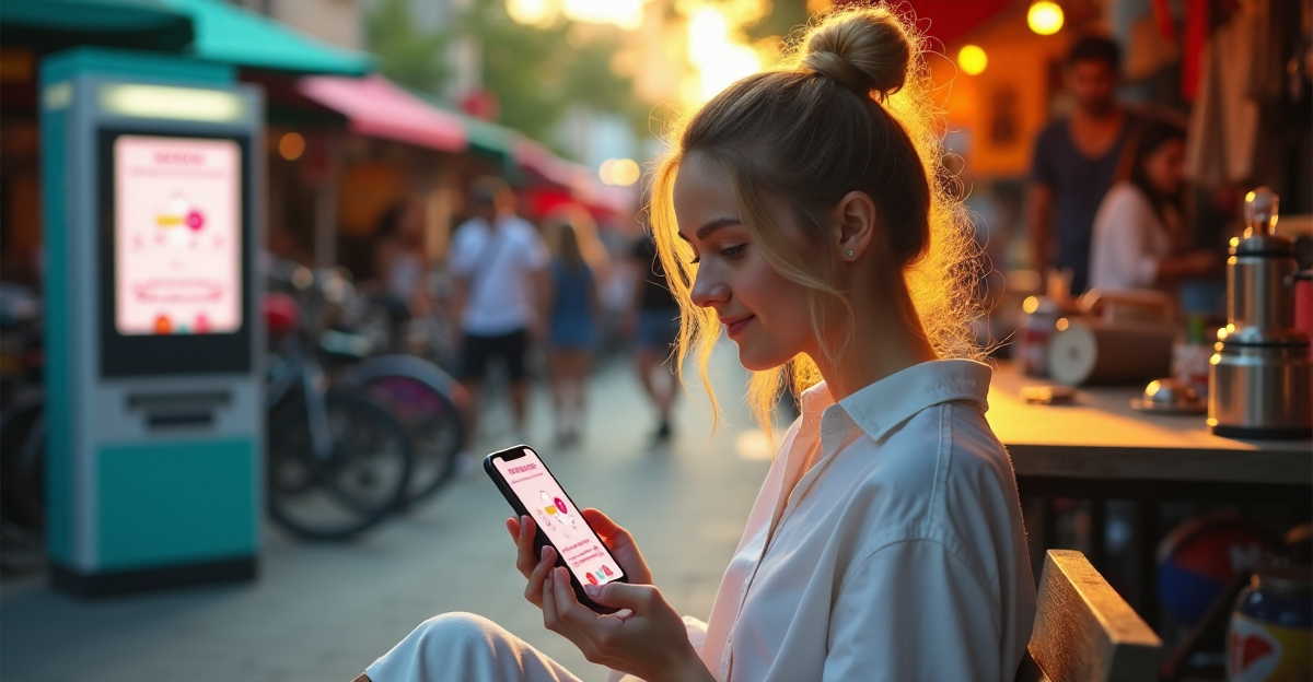 A young woman sits on a bench in a vibrant street market, surrounded by second-hand mobility devices and a cryptocurrency ATM, intently viewing her smartphone displaying crypto adoption trends 2025 and sharing economy platforms.