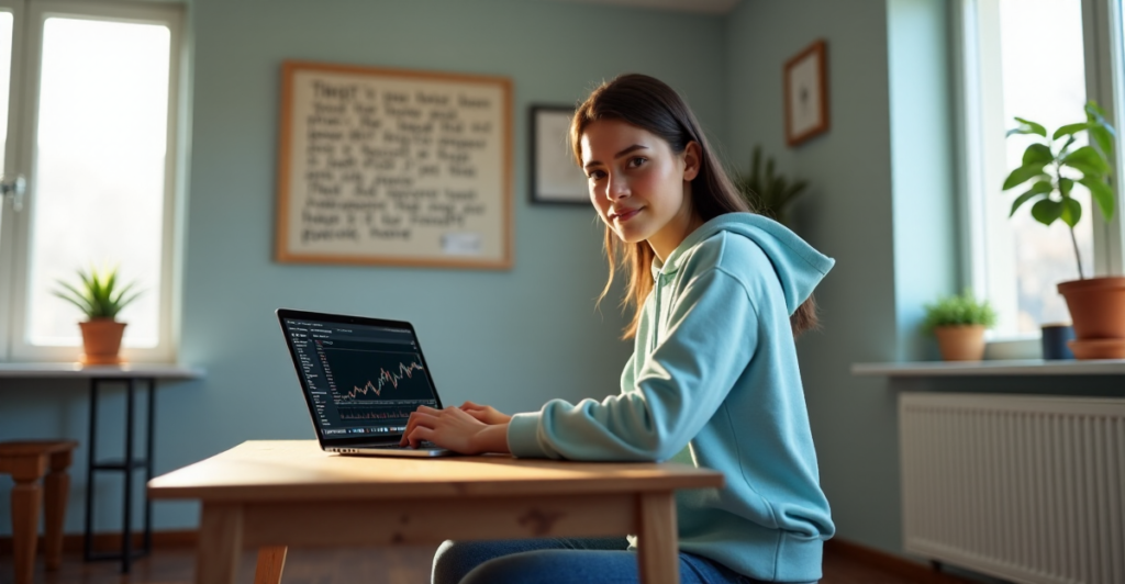 "A young adult student sits confidently at a wooden desk, laptop open to a cryptocurrency trading platform, with hands poised on the keyboard in a study room filled with motivational quotes and notes about blockchain technology."