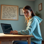"A young adult student sits confidently at a wooden desk, laptop open to a cryptocurrency trading platform, with hands poised on the keyboard in a study room filled with motivational quotes and notes about blockchain technology."
