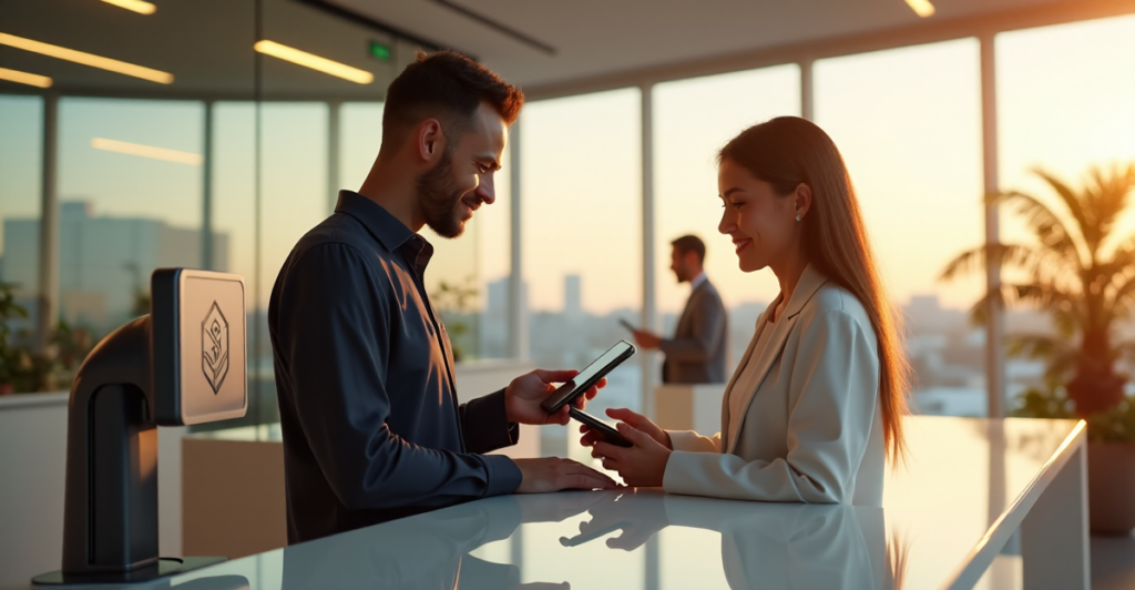 A futuristic retail store with a sleek checkout counter, showcasing cryptocurrency payment terminal usage amidst a minimalist design and warm natural light.