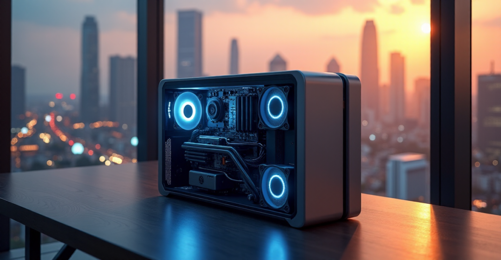 "A futuristic cryptocurrency mining rig in a minimalist office setting with a cityscape at dusk, symbolizing growth and limitless potential amidst rising crypto adoption trends 2025."
